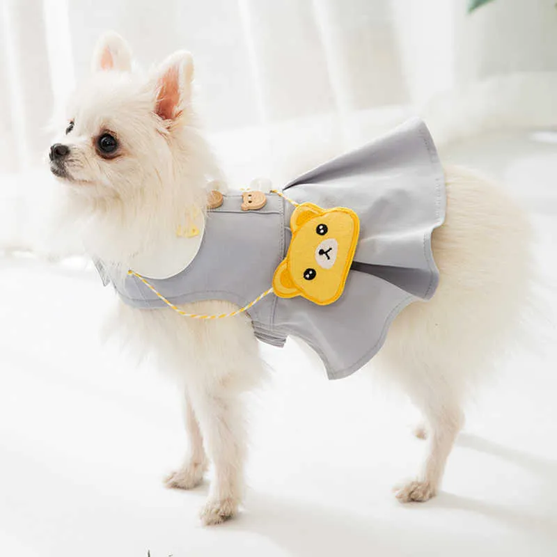 Hund Katze Prinzessin Frühling Sommer dünn atmungsaktiv niedlich ärmelloses Minikleid Haustier Kleidung mit Bär Tasche Welpen Teddy Weste Rock