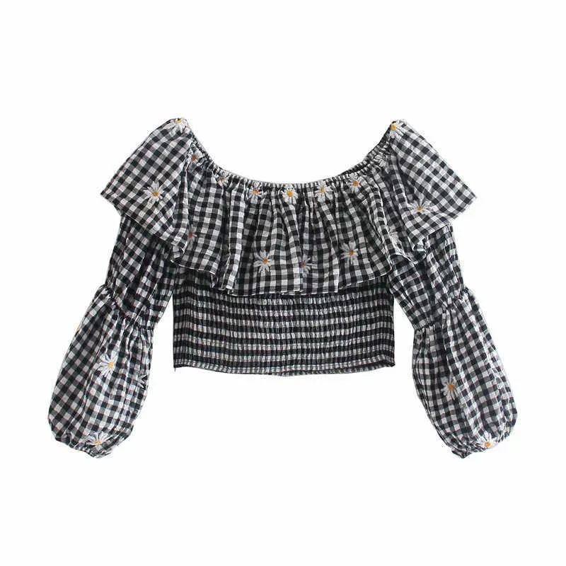 Broderad Za Blus Kvinnor Lång Puff Sleeve Beskuren Plaid Top Chic Smocked Elastic Ruffle Retro Shirt Chic Sommar Blusar 210602