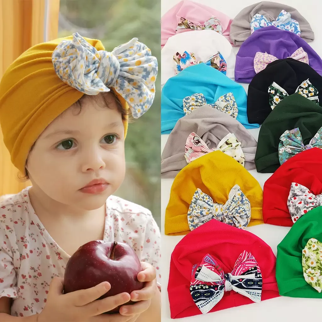 Vår Europa Spädbarn Baby Girls Hat Florals Bowknot Headwear Child Toddler Kids Beanies Turban Hattar Barntillbehör
