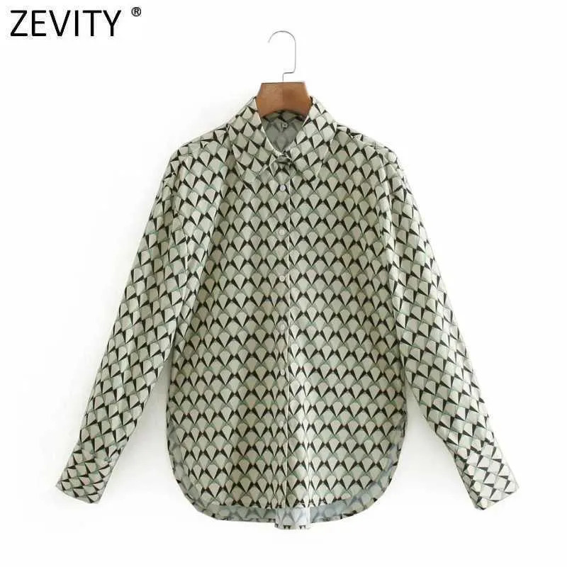 Zevity Women Fashion Geometric Print Casual Blouse Office Lady Långärmad Företagskjorta Chic Femme Blusas Tops LS7386 210603