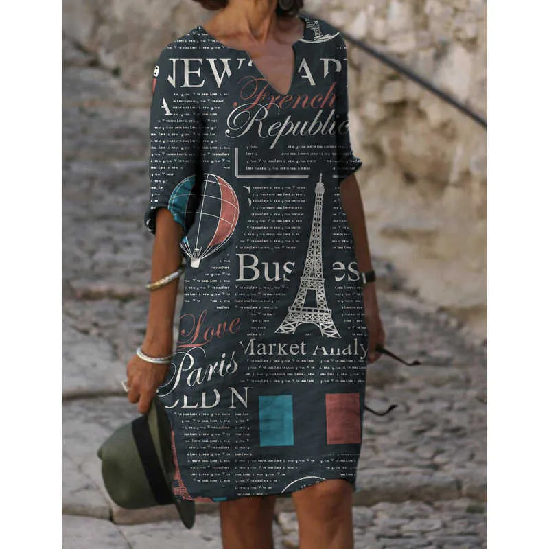 Elegante Vintage Rayas Impreso Rodilla Vestidos Ropa de mujer 2021 Nueva moda de otoño con cuello en V Vestido casual de gran tamaño suelto Damas Y1006