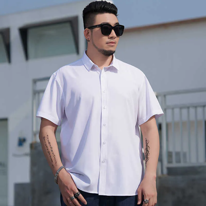 Shan Bao Summer Lightweight Stretch Loose Short Sleeve Shirt Classic Brand Business Casual Office Mäns Ren Vit Skjorta 210531