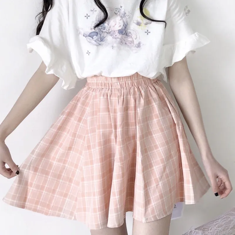 Japan Mori Plaid Women Summer High Waist Sweet Mini Ruffles Female Aline Harajuku Skirt Pink dent 2xl 210306