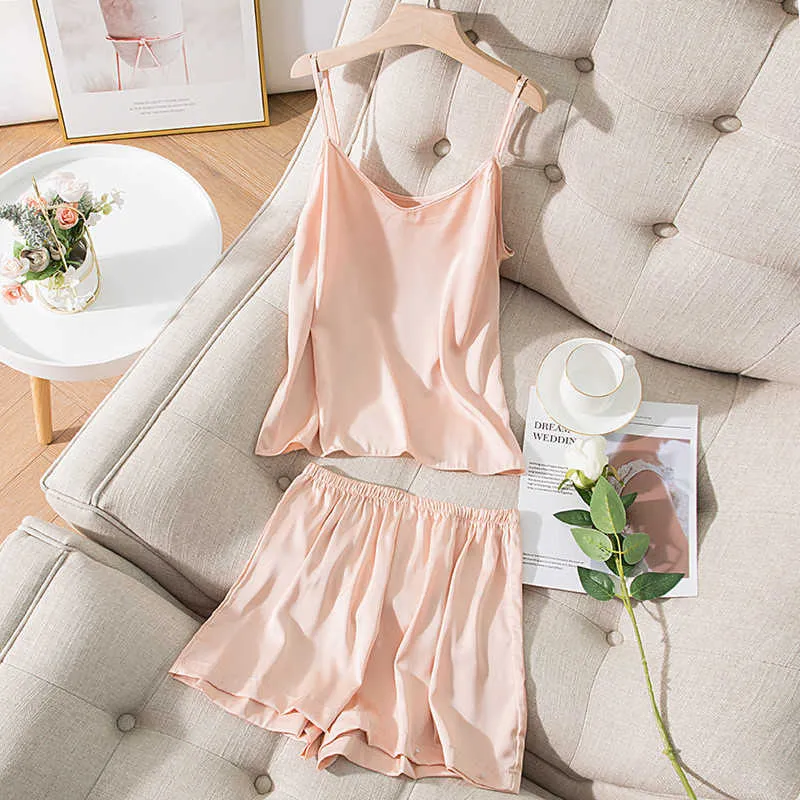 JULY'S SONG Faux Slik Pajamas Women Summer Sexy Sleepwear Solid Color Homewear Lounge Wear Sexy Sling Strap Pyjama Set Nightwear Q0706