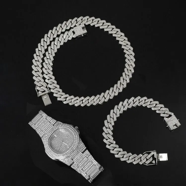 Hip Hop 135MM KIT Orologio pesante + Polo Collana cubana + Bracciale Bling Crystal AAA + Catene ghiacciate con strass gioielli da uomo