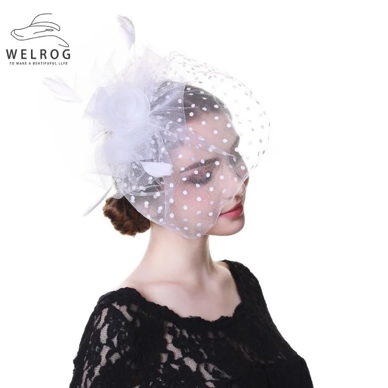 Geizige Krempe Hüte WELROG Frauen Fancy Feather Party Hochzeit Kopfbedeckung Fascinator Veil Dot Print Garn Stirnband mit Clips245b