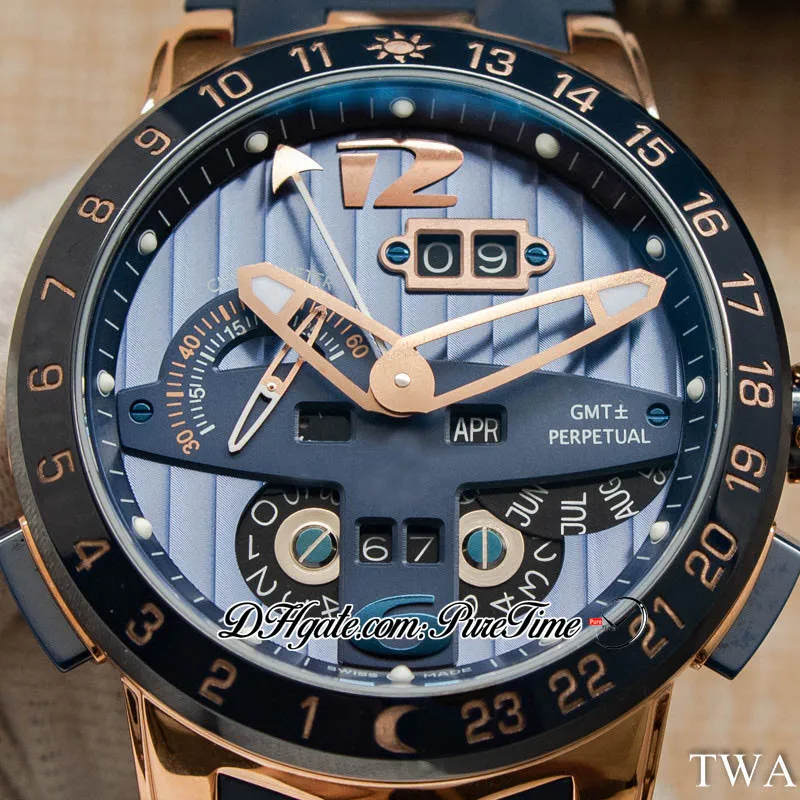 TWAF Executivo El Toro UN-32 Relógio Masculino Automático GMT Calendário Perpétuo Rosa Ouro Azul Texturizado Mostrador Pulseira de Borracha 326-01LE-3 Supe188E