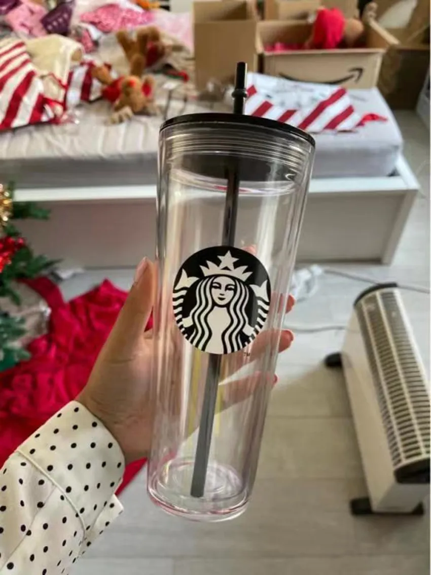 24OZ Starbucks Mermaid mug Tumblers transparent double-layer plastic Reusable cup with lid and straw308G