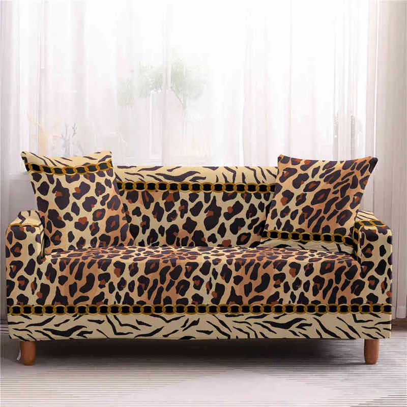 Leopard Print Stretch Sofa Slipcovers Elastic Wrap All-Inclusive Couch Cover for Living Room 1/2/3/4 Seater L Shape 211207