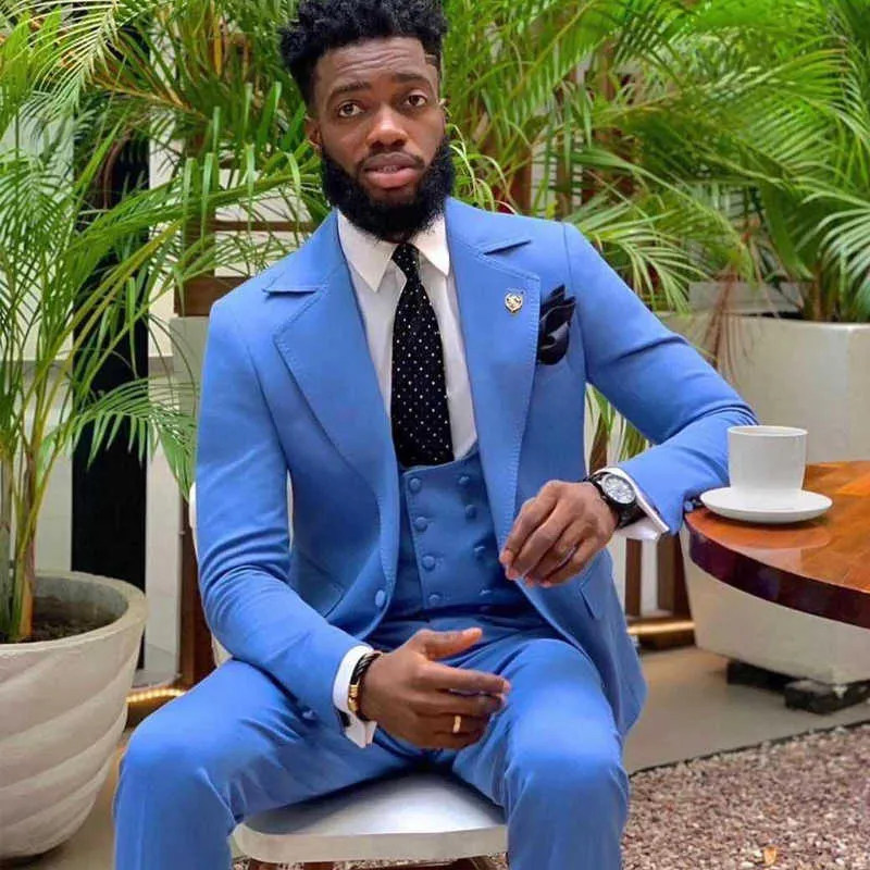 Abiti da uomo slim fit blu brillante con risvolto largo 3 pezzi smoking da sposo sposo giacca moda africana maschile con pantaloni 2021 X0909