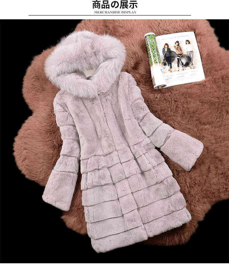 Marca Fur Factory Alta calidad Pure Real Coat Capucha de conejo con cuello natural Ropa de mujer clásica SR630 211220