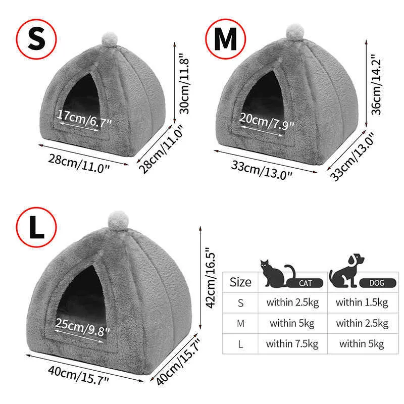 冬の暖かいペット猫のベッド猫の家の折りたたみ式犬のベッド滑り止め底ペットベッドテントの取り外し可能な洗える猫の巣の子犬犬ケンネル210713