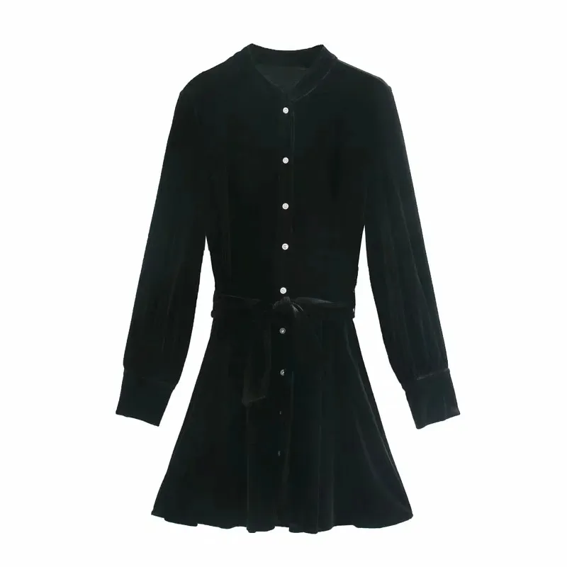 Za automne noir velours Mini robe femmes Vintage français élégant à manches longues robe femme mode cravate ceinture dames robes 210303