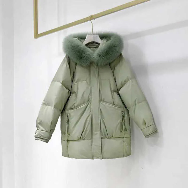 Parka rembourrée en coton veste femmes grand col en fourrure mi-long manteau rembourré épaissir duvet de canard 210531