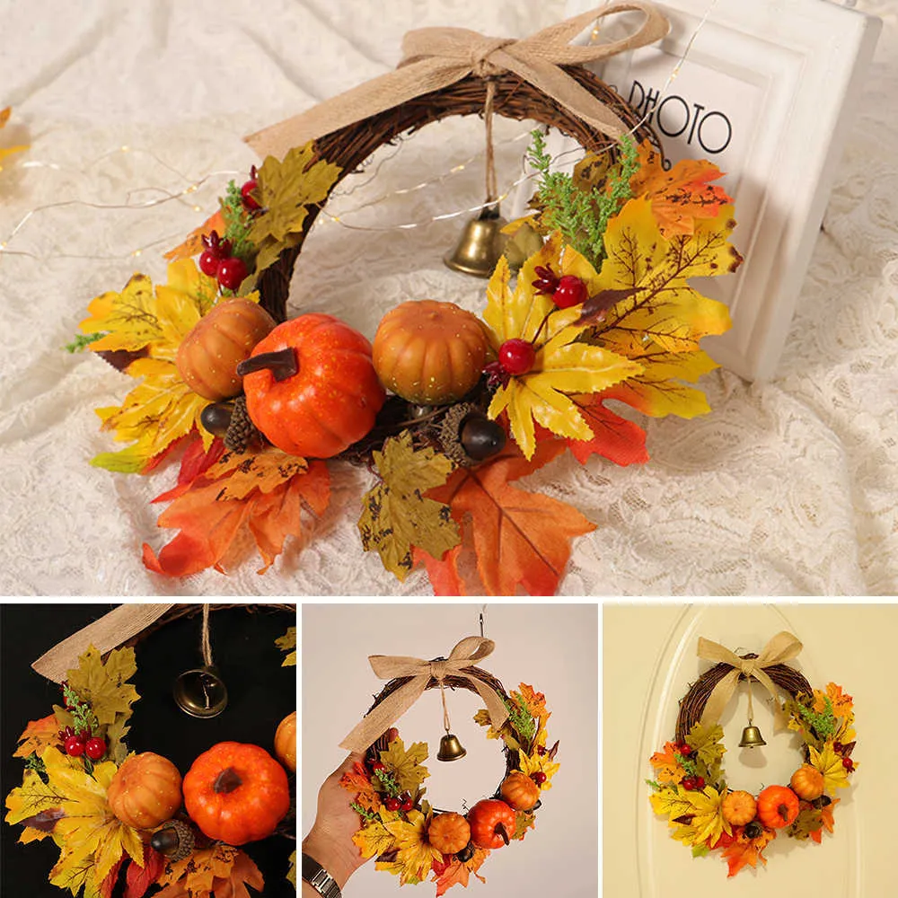 30/40CM Wreath Autumn Harvest Maple Leaf Pumpkin Front Door Wreath Leaf Pumpkin Door Hanging GarlandHome Decor Party Supplies Y0831