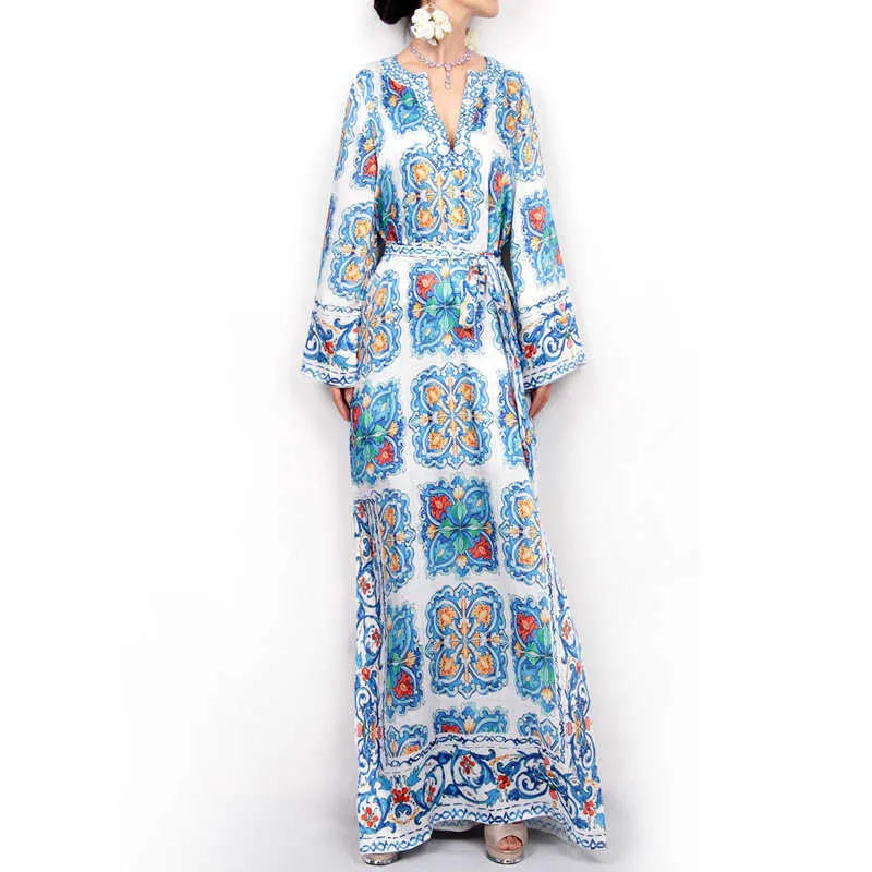 Bohemian Beach Blue and White Print V Neck Evening Dress for Women 210615