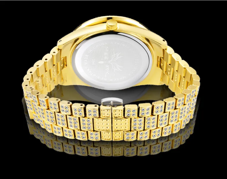 MISSFOX Europese Hip Hop Volledige Diamond Heren Horloges Armband Quartz Kalender Mineraal Hardlex Spiegel Polshorloge Fabrikanten Direc185e