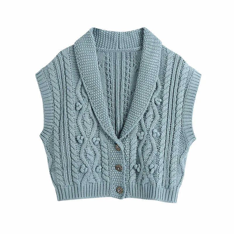 ZA Cable Knit Cropped Vest Sweater Women Sleeveless Front Jewel Button Vintage Knitted Top Female Chic Fitted Blue Sweaters 210602