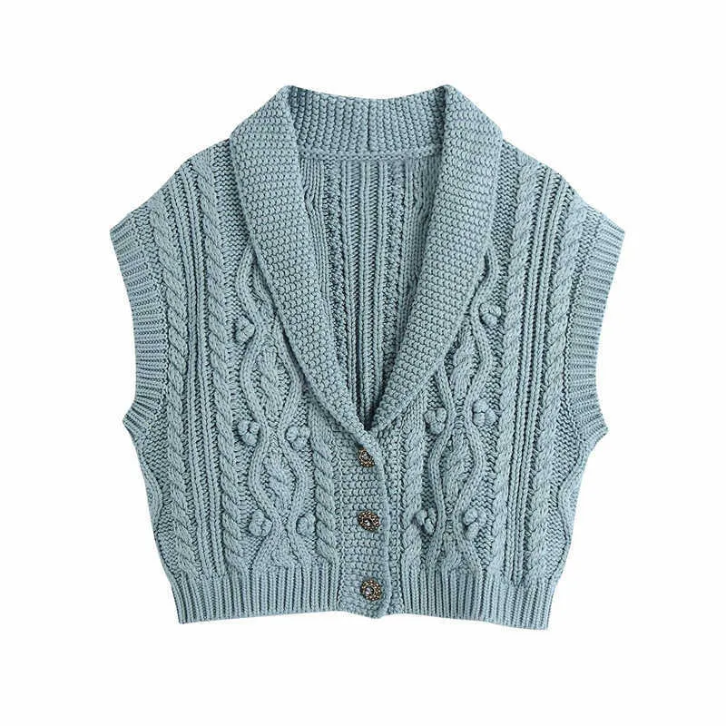 ZA Kabel Knit Cropped Kamizelka Sweter Kobiety Bez Rękawów Front Jewel Button Vintage Dzianiny Top Samice Chic Dopasowane Niebieskie Swetry 210602