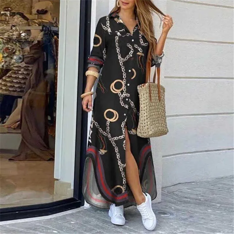 2020 Kvinnor Mode Chain Print Långärmad Casual Maxi Lång Blus Party Klänning Nedgång Krage Knapp Lös lång skjorta Klänning X0705