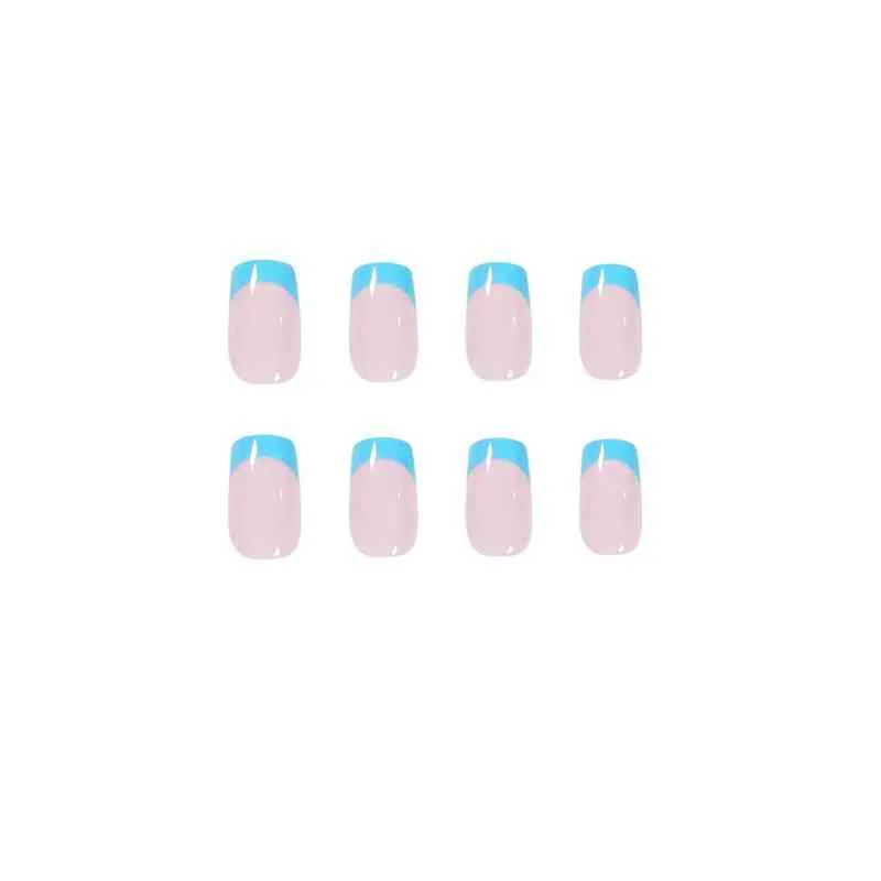 Unghie false 24 pz Francese Falso Nail punta indossabile Bordo Blu Bordo Design Artificiale Falso S con Glue Press On S DIY Art Manicure Tool 220225