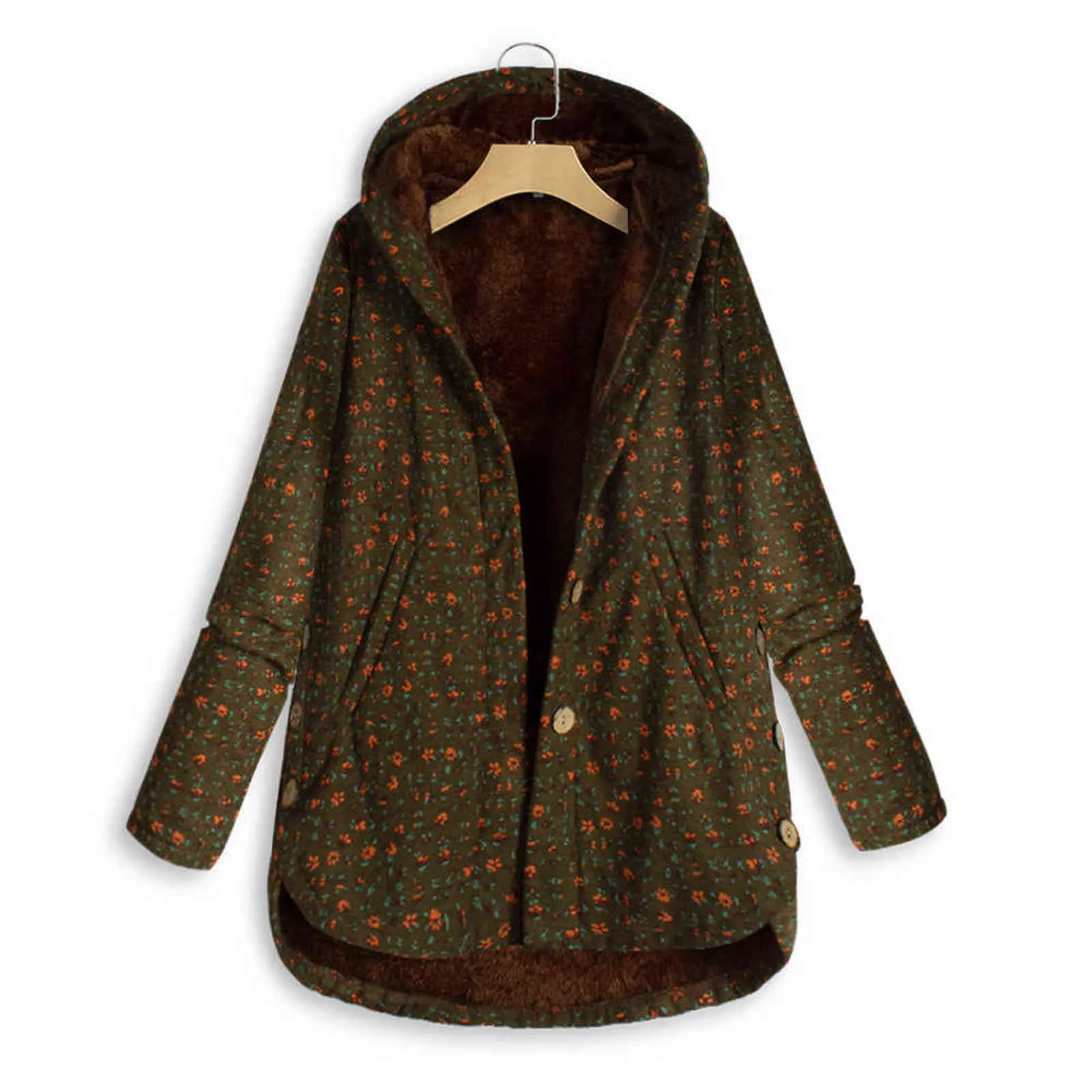 여성 코트 가을, 겨울 여성 자켓 두꺼운 캐주얼 느슨한 인쇄 싱글 브레스트 불규칙한 후드 코트 En * 211118
