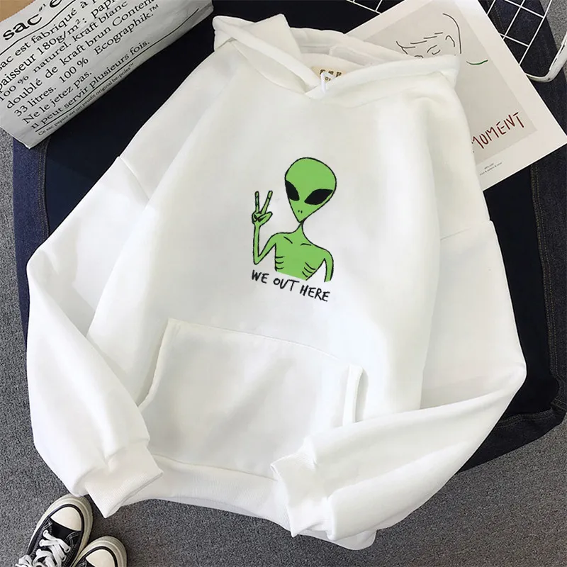 Alien nós aqui fora Imprimir Suétria Oversized Mulheres Kawaii Hoodies Roupas Hoody Luva Full Manga Harajuku Estilo Coreano Tops 201126