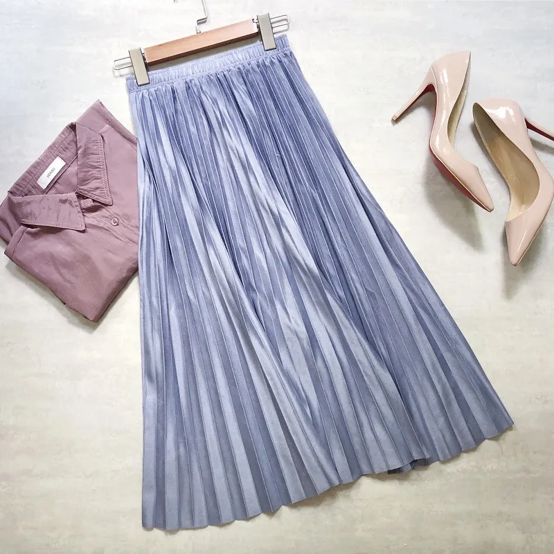 Autumn Winter Women suede skirt High Waist casual Vintage Pleated skirt female Korean Skirt female elegant long Skirts 210306