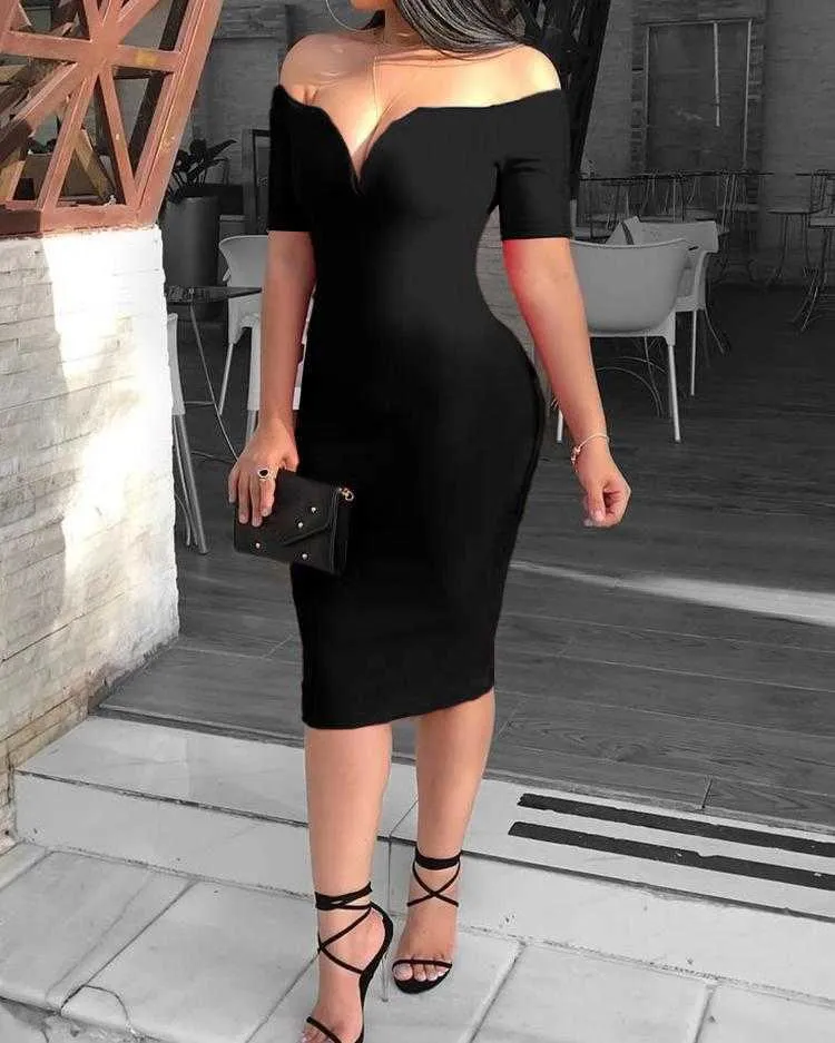 2019 Femme Sexy Col V Profond Hors Épaule Robe Moulante Femmes Manches Courtes Solide Gaine Robe Midi Y0603