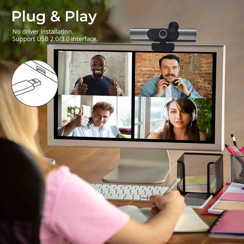 Webcam 4K HD pour ordinateur, avec microphone, haut-parleur rotatif, 1080p, pour travail sur PC, appels vidéo, mini caméra USB