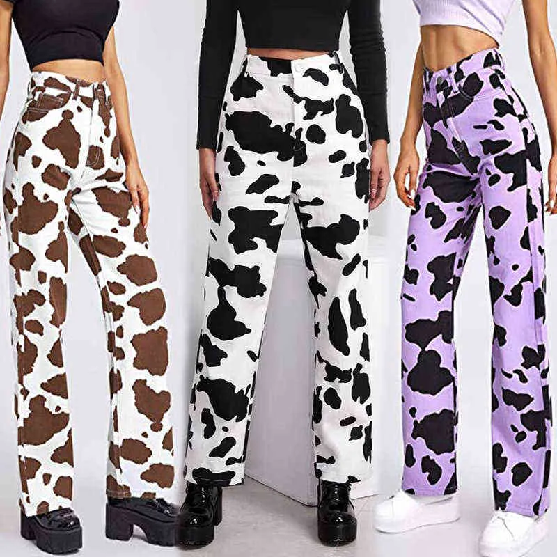 Mode Noir Blanc Imprimé Violet Jeans Goth Dark Harajuku Gothique 90s Esthétique Streetwear Femme Taille Haute Pantalon Slim 211115