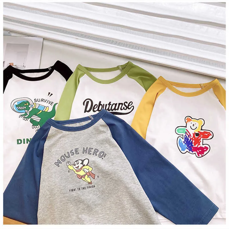 Camisetas para niños de primavera Camiseta de manga larga de dibujos animados para niños Moda Bebé Algodón Patchwork Tee Tops 210615