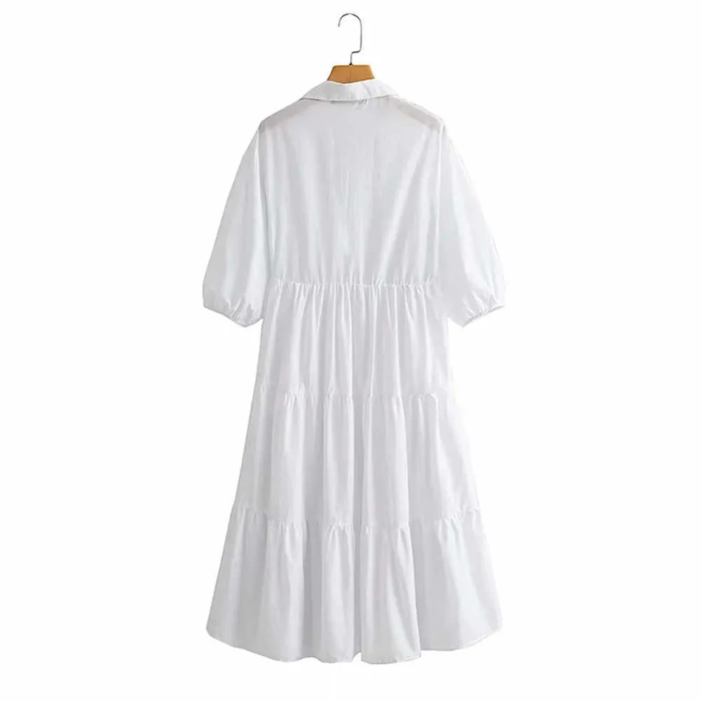Vit sommar vintage lång klänning kvinna v nacke kortärmad elegant för kvinnor chic casual midi 210531
