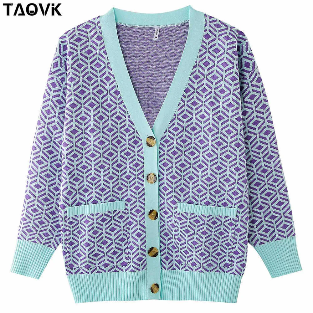 Taovk Damskie sweter Diamentowy Wzór Diamentowy Przyciski Single-Breasted Luźne Dorywczo Knit Cardigan 211026