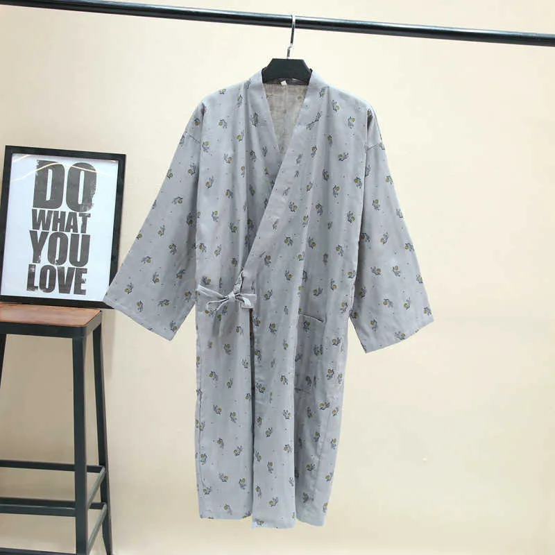 Hommes 100% coton gaze coton robe lâche mince Yukata japonais kimono pyjamas hommes à capuche robe col en v pyjamas peignoir 210901
