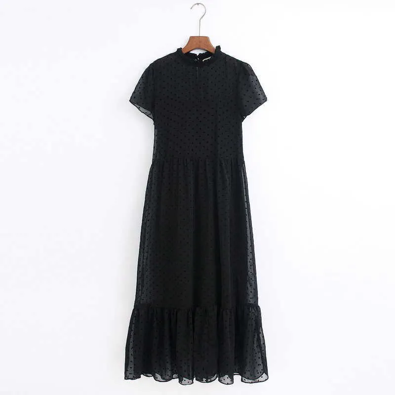 Women Long Dress Spring Fashion Flocking Polka Dot Short Sleeve Transparent Material Modern Lady Black Dresses 210602