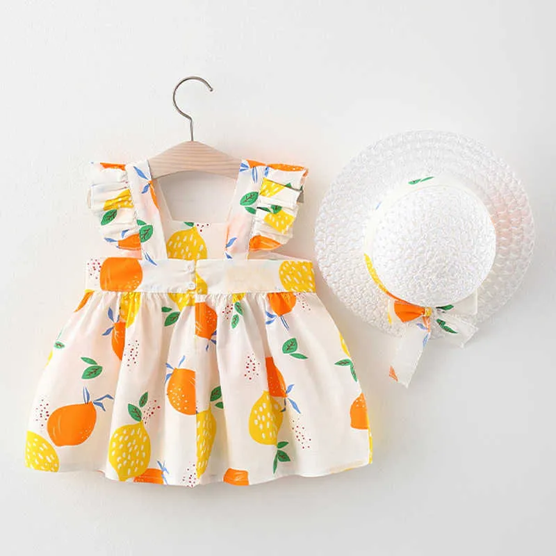 2021 été bébé filles robes pour bébé décontracté plage arc imprimer robe d'été nouveau-né vêtements infantile princesse robe + chapeau tenues Q0716