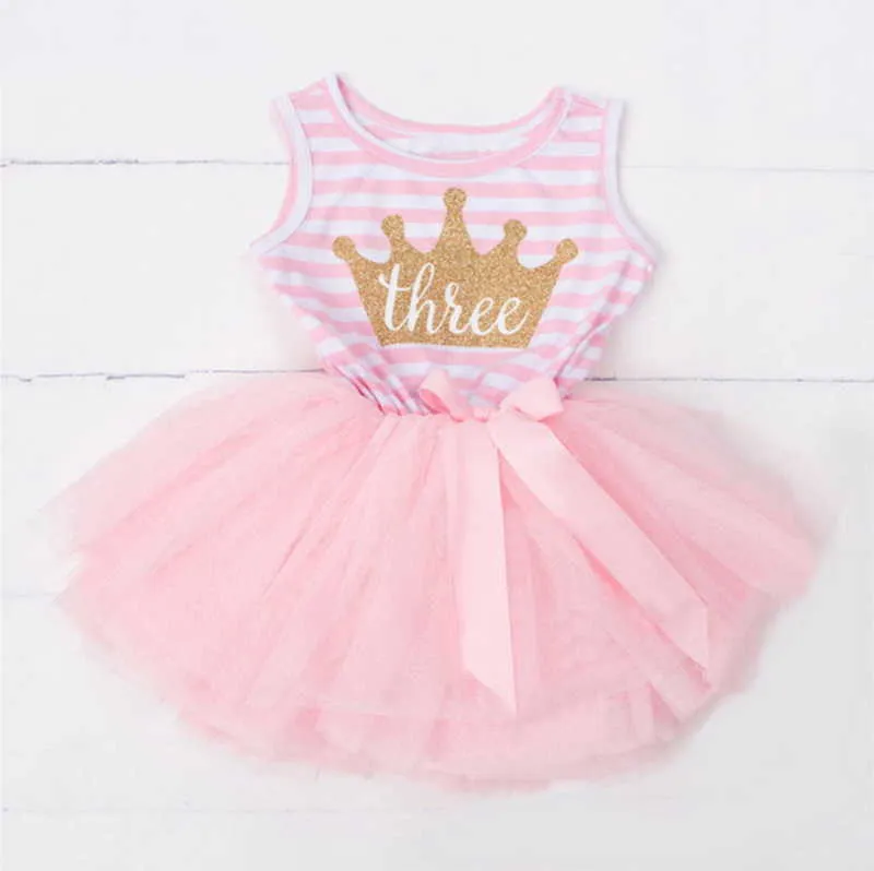小売赤ちゃんの女の子の誕生日のドレス冠の手紙ノースリーブストライプ1-2-3T夏の王女のケーキ子供服E90287 210610