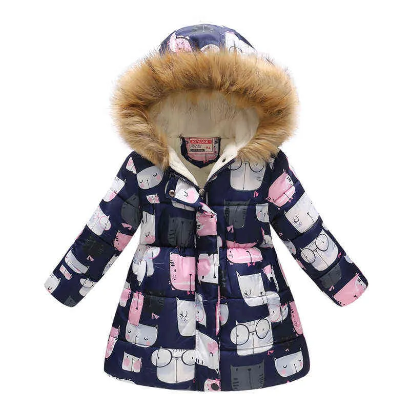 Addensare Giacche invernali ragazze Capispalla con cappuccio stampato moda bambini Interno più cappotti caldi in velluto Regalo di Natale 211027