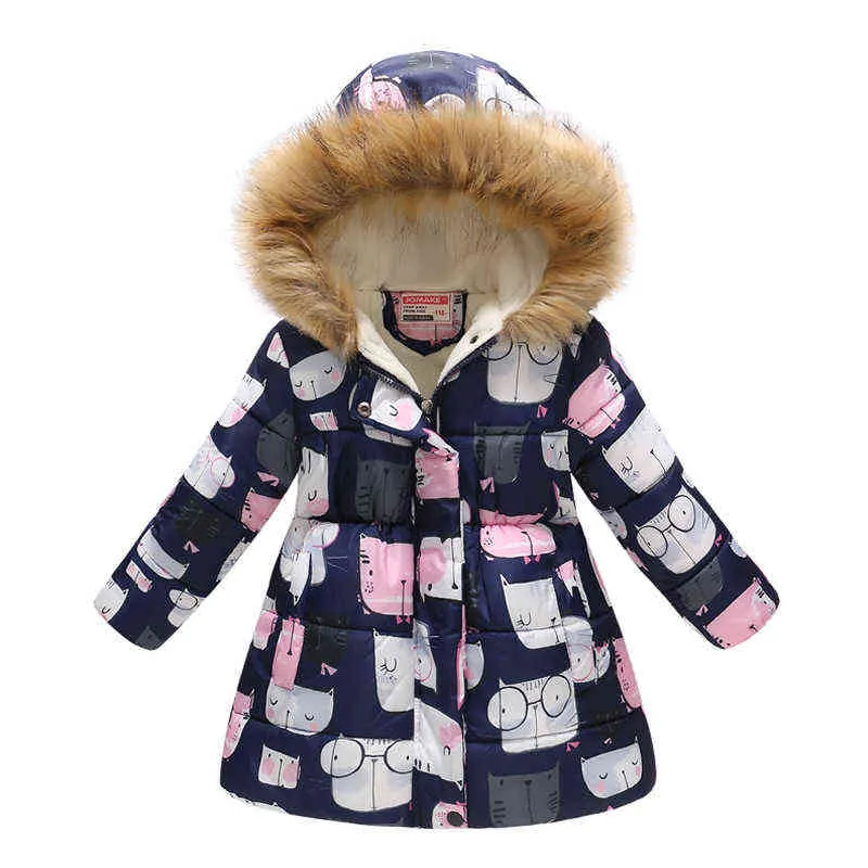 Olome Fashion Girls Puffer Kurtka Zima Dzieci Płaszcz Futro Hood Odzież Kid Odzież Z Kapturem Toddler Kwiatowy Niemowlę Outwear 211027