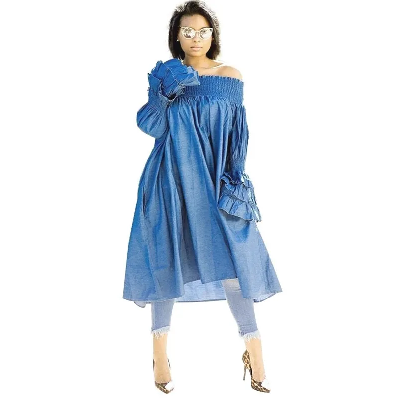Plus size losse denimjurken vrouwen ruche flare lange mouw uit schouderjeans jurk streetwear winter herfst casual jurk 201008