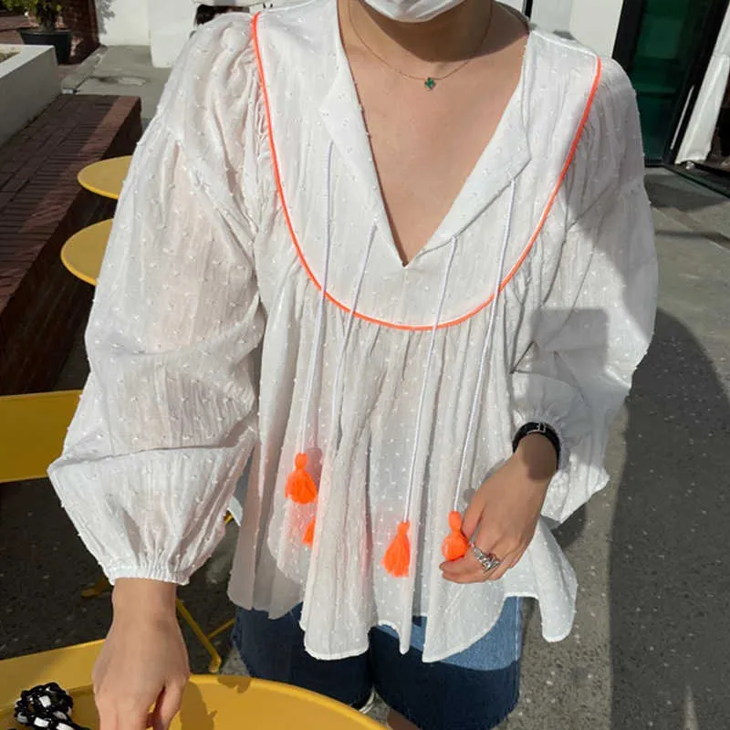 Korejpaa Women Shirt Summer Korean Chic Fresh V-Neck Drawstring Tassel Three-Dimensional Polka Dot Puff Sleeve Doll Blouses 210526