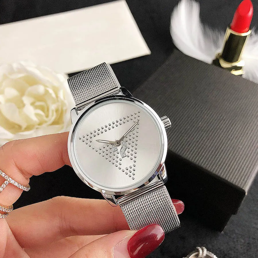 Marca de moda feminina menina cristal triângulo ponto de interrogação estilo aço banda metal relógio de pulso quartzo gs38236k
