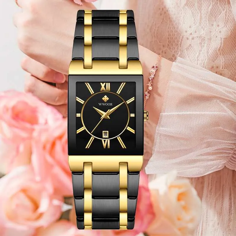 Wwoor Ladies Watch Top Brand Japanese Quartz Watches Square Black Gold Watch rostfritt stål Vattentäta Fashion Women Wristwatch 2196o