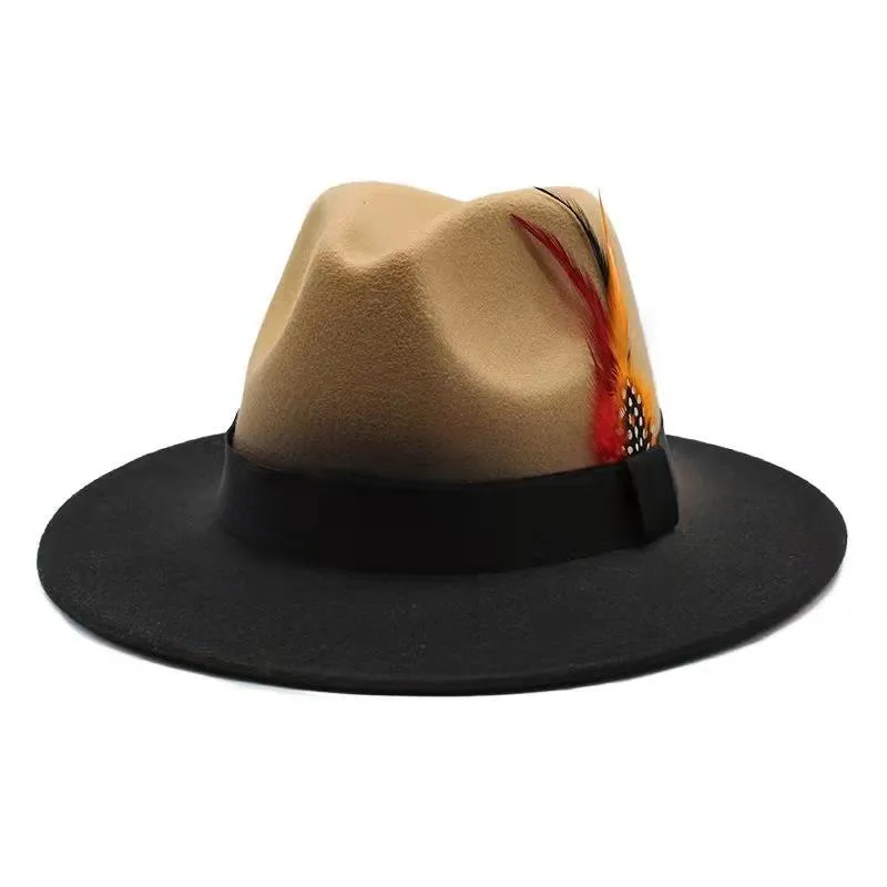Gierige rand hoeden bijpassende kleurgradiënt veer jazz hoed lady039s wollen tweed top Men039s en dames039s outdoor vilt2664213