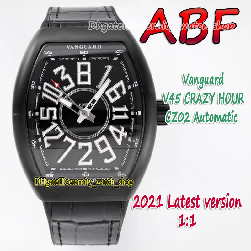 ABF New Crazy Hour Vanguard CZ02 Automatisk mekanisk 3D Art Deco Arabisk urtavla V45 MENS Titta på PVD Black Steel Case Läder Eternity259y