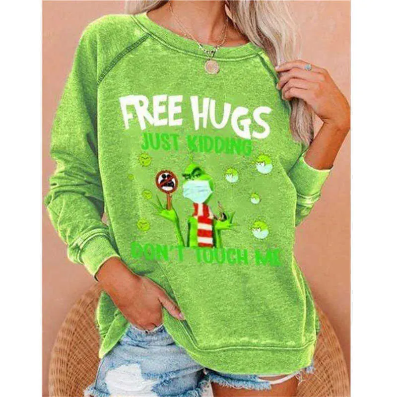 Winter Herfst Grappige Grinch Gedrukt Ronde Hals Dames Hoodies Lange Mouwen Kerst Sweatshirt Fashion Casual Losse Truien 211027