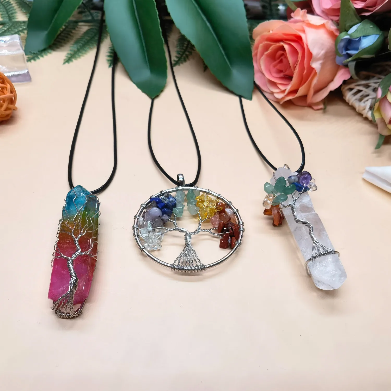 Tree Life Pendant Quartz Crystal Necklace Chakra Gemstone Copper Silver Wire Wrap264o