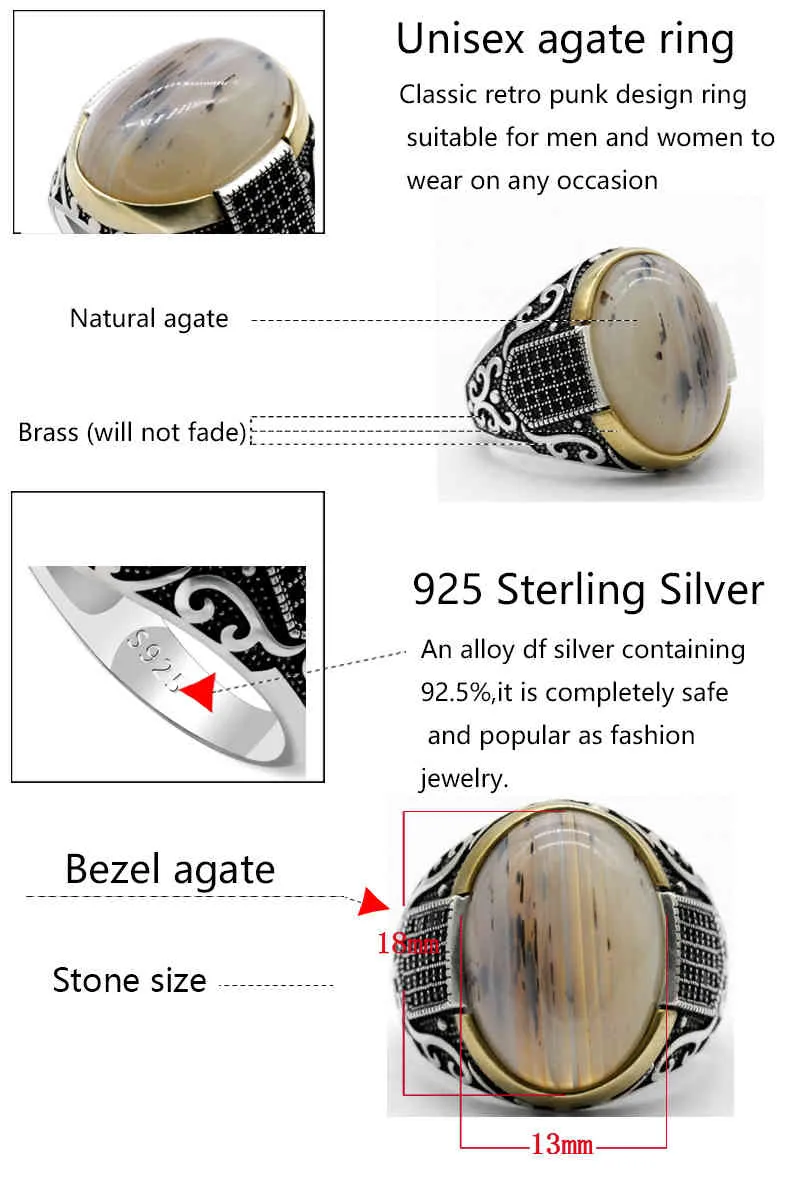 Genuine Pure 925 Sterling Prata com AGATE Pedra Casamento Antigo Para Homens Turco Punk Rock Jóias Presente Mulheres Anéis