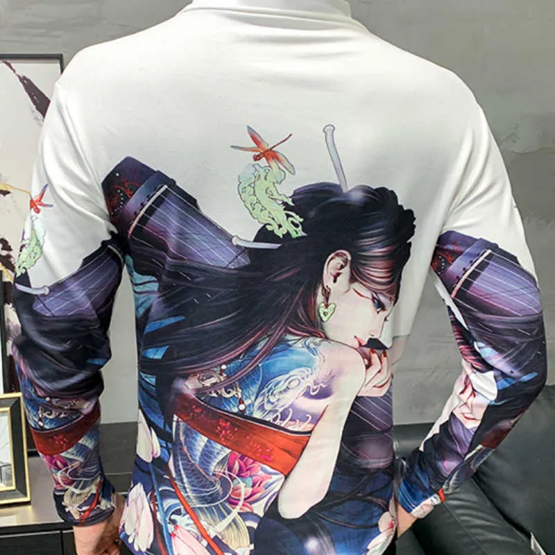 Autumn Game Anime Print Men T-shirt Half Turtleneck Streetwear Casual Tees Hip-Hop Long Sleeve Slim Fit T-shirt Men Clothing 3XL 210527